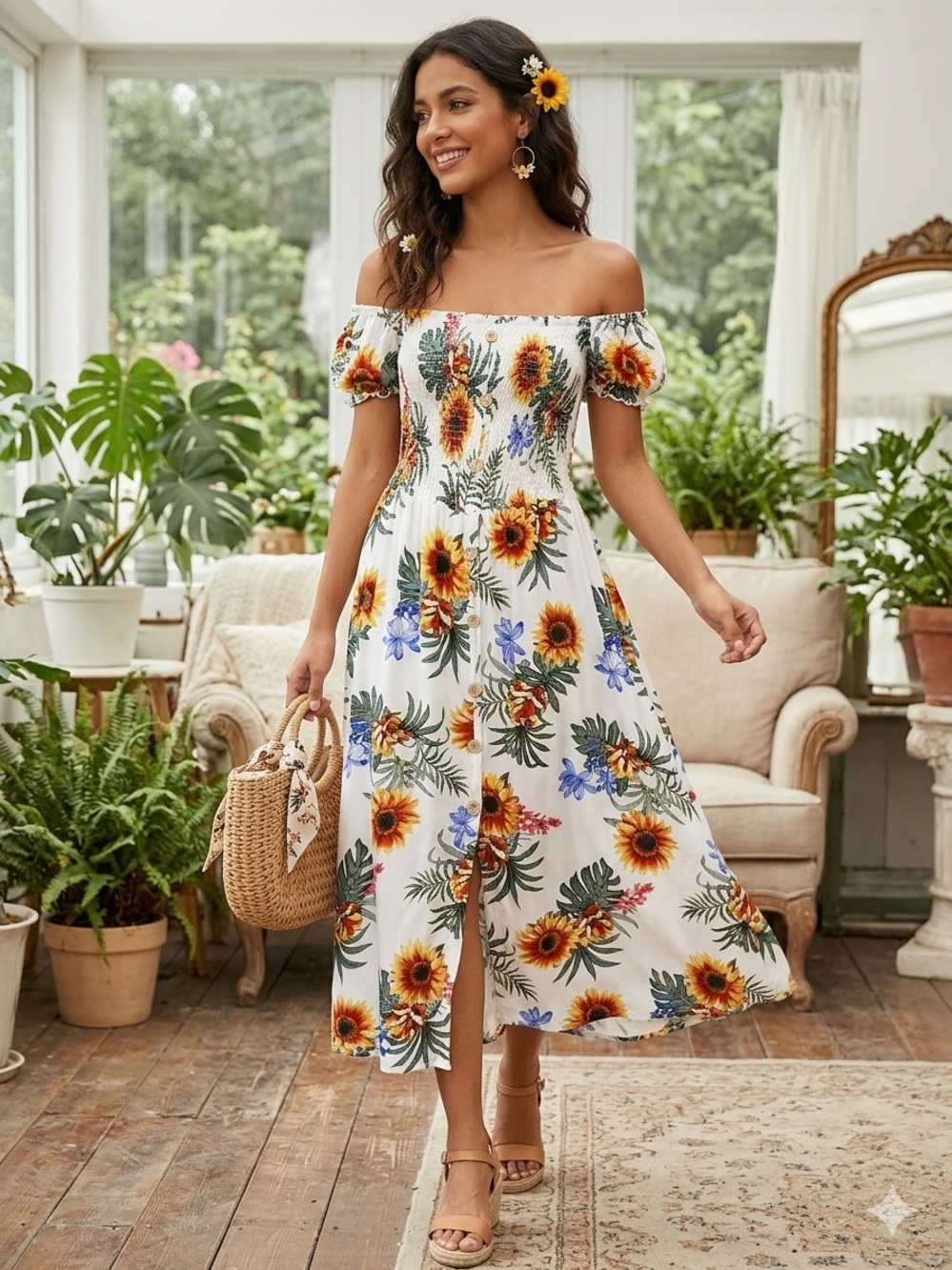 SHEIN White Off-Shoulder Sunflower Print Midi Dress - Picture 1 of 4